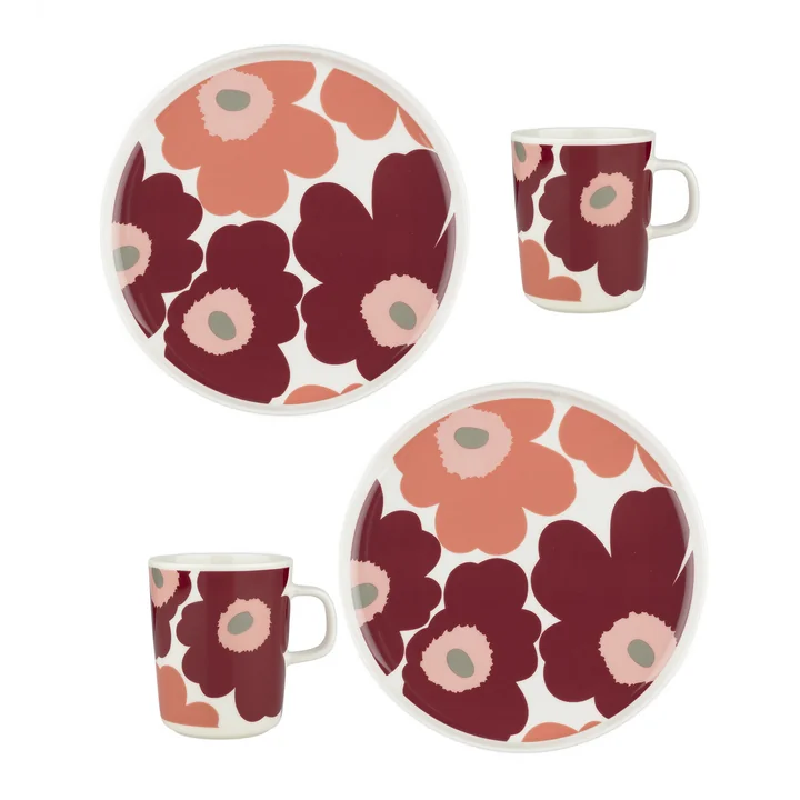 Marimekko - Oiva Unikko Mok met handvat & Bord, wit / donker kersen / zalmrood (set van 4)
