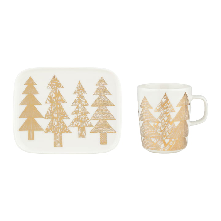 Marimekko Kuusikossa & & - Oiva Mok met handvat Bord, 250 ml 15 x 12 cm, wit/goud (set van 2)