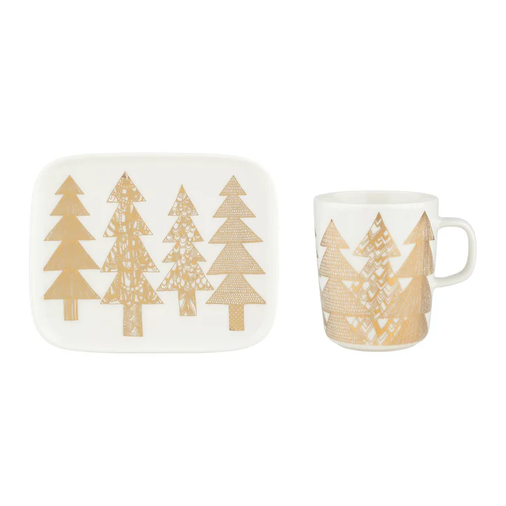 Marimekko Kuusikossa & & - Oiva Mok met handvat Bord, 250 ml 15 x 12 cm, wit/goud (set van 2)