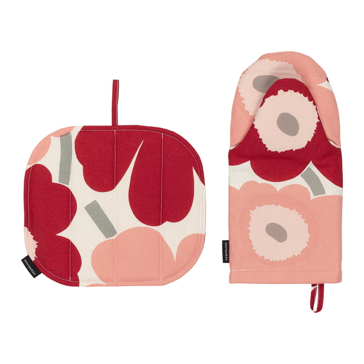 Marimekko Pieni Unikko & - Ovenwant pannenlap, katoen / donker kersen / roos (set van 2)