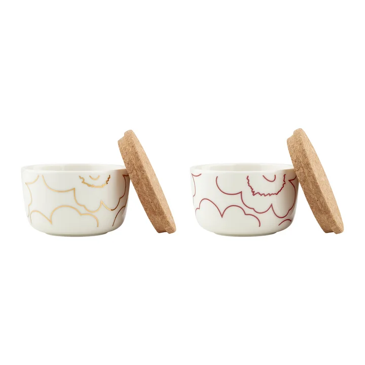 Oiva Piirto Unikko kom met deksel, 250 ml, wit / goud / donkerrood (set van 2) by Marimekko