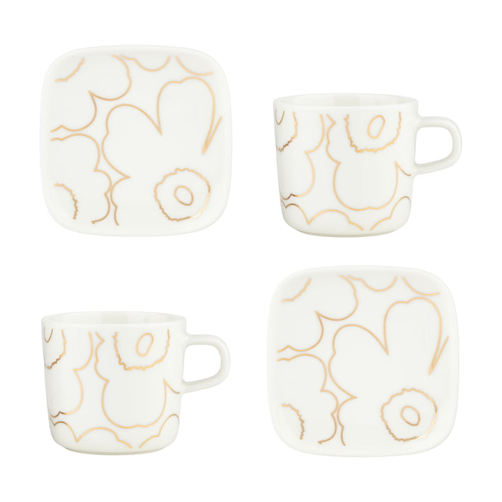 & Oiva Piirto Unikko mok met handvat Plate, wit/goud (set van 4) by Marimekko