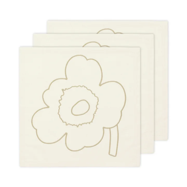 Piirto Unikko satijnen servetten, 43 x 43 cm, gebroken wit / stro (set van 3) van Marimekko