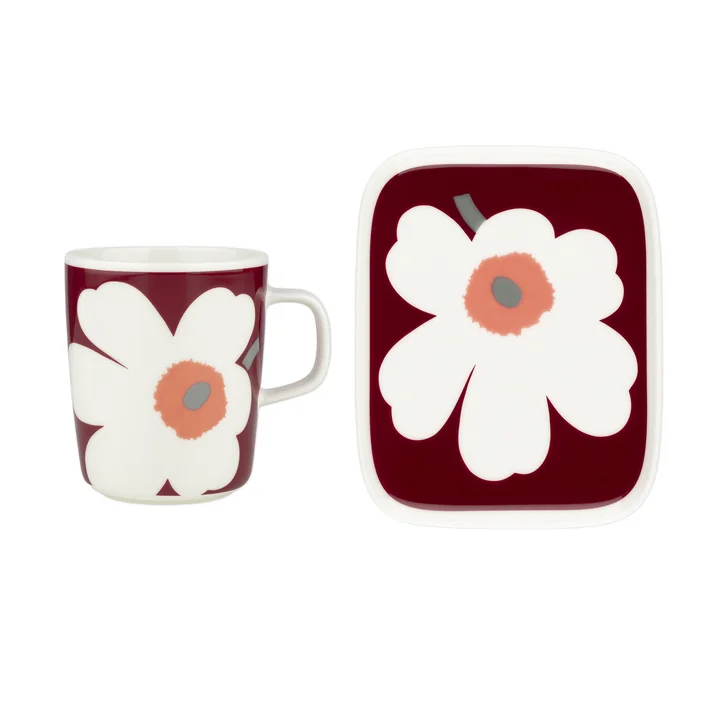 & Unikko 60th Anniversary mok met handvat Plaat, wit / donker kersen / essen grijs (set van 2) by Marimekko