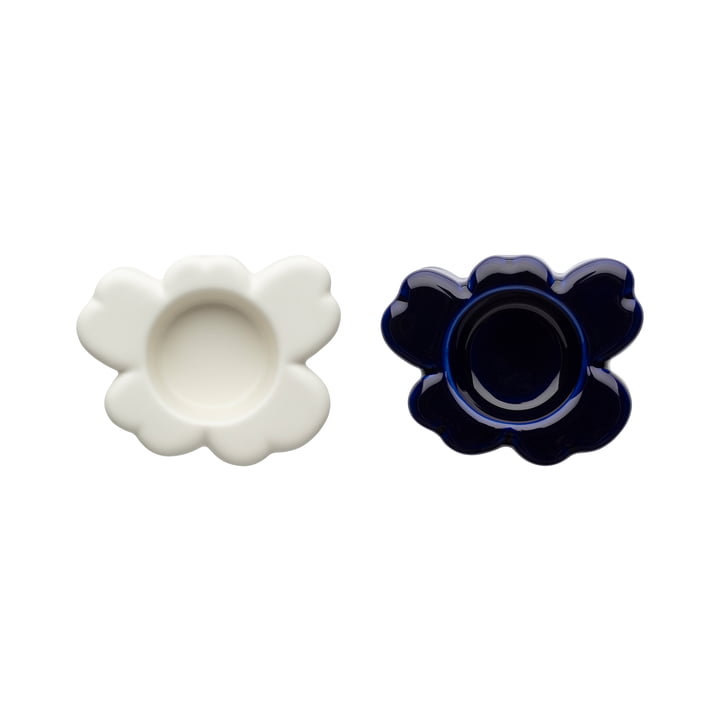 Unikko theelichthouder, wit mat / kobalt (set van 2) van Marimekko