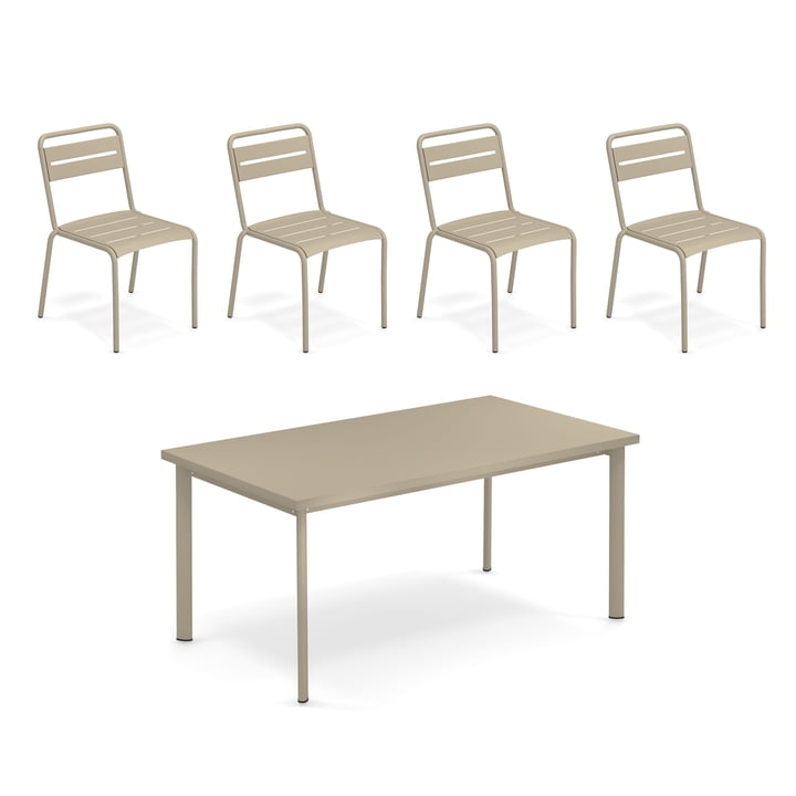 Emu - Star Buitentafel 160 x 90 cm + stoel (set van 4), taupe