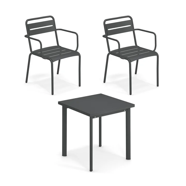 Emu Star - Buitentafel 70 x 70 cm + fauteuil (set van 2), antiek ijzer