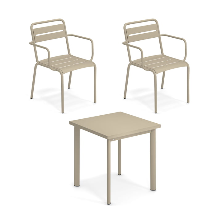 Emu - Star Buitentafel 70 x 70 cm + fauteuil (set van 2), taupe