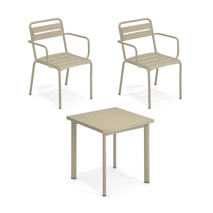 Emu Star - Buitentafel 70 x 70 cm + fauteuil (set van 2), taupe