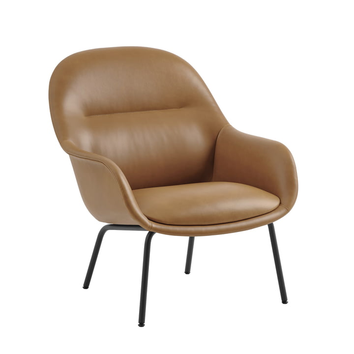 Muuto - Fiber Lounge Armchair Tube Base, zwart / Refine leder cognac