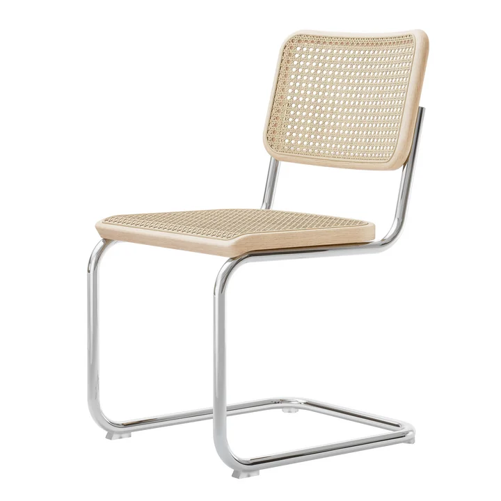 S 32 V-stoel, chroom / essen natuur gelakt / vlechtwerk met stoffen onderstel van Thonet