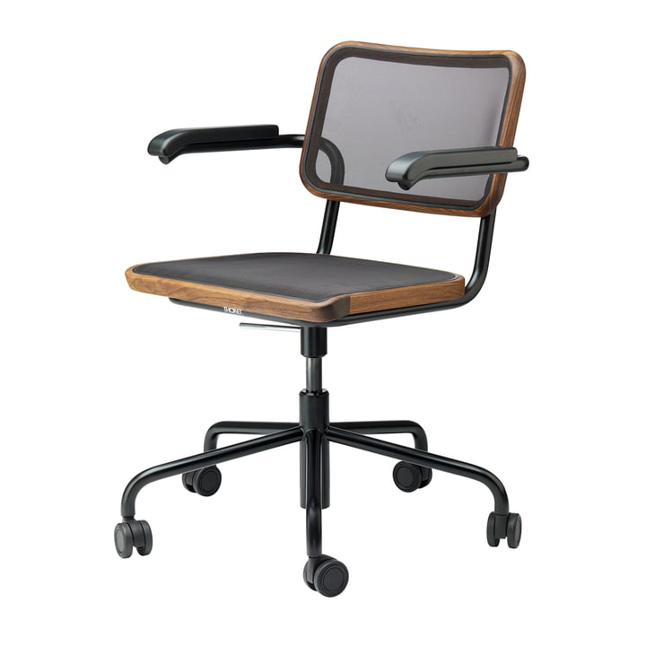 S 64 NDR bureaustoel, zwart / geolied notenhout / zwarte netstof (Pure Materials) van Thonet