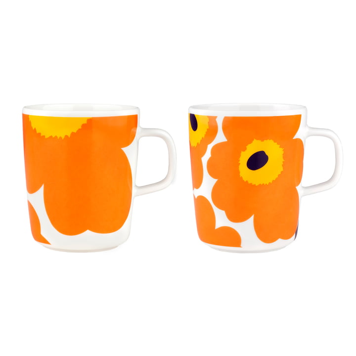 Marimekko Oiva Iso Unikko & - Unikko mok met handvat, 60th Anniversary, 250 ml, wit/oranje/geel (set van 2) (60th Anniversary Collection)