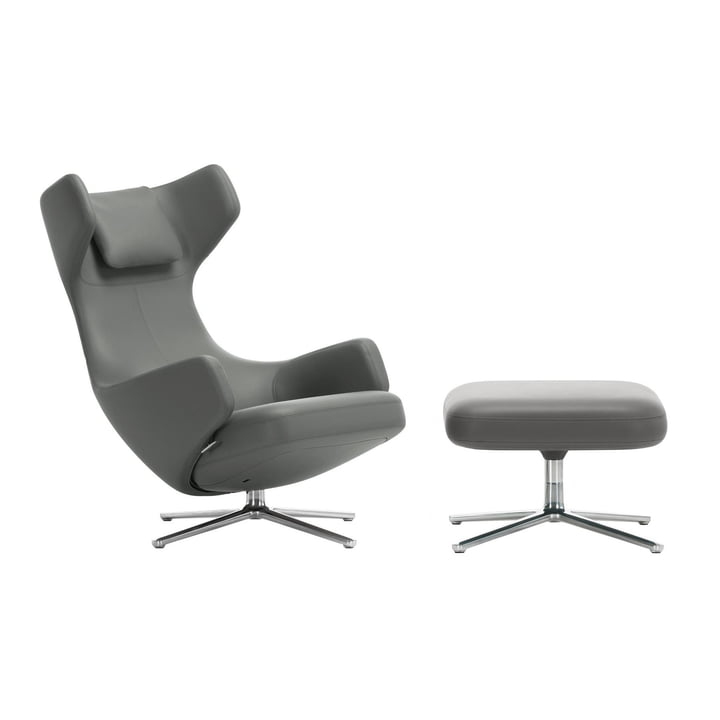 Vitra - Grand Repos Ottoman Fauteuil en, granietgrijs, Premium F 65 leder, gepolijst aluminium (viltglijders)