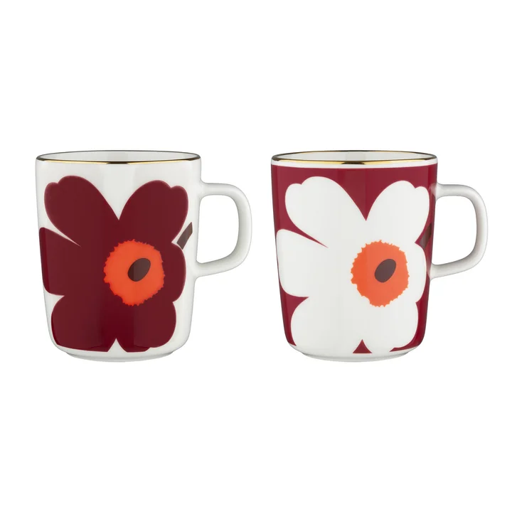 Marimekko - Oiva Juhla Unikko mok met handvat, 250 ml, wit / bordeaux / goud (set van 2)