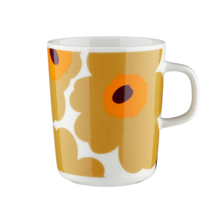 Marimekko - Oiva Unikko Mok met handvat, 250 ml, wit / karamel / warm oranje