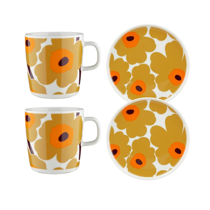 Marimekko - Oiva Unikko Ontbijtset, karamel / crème / warme sinaasappel (4 stuks)