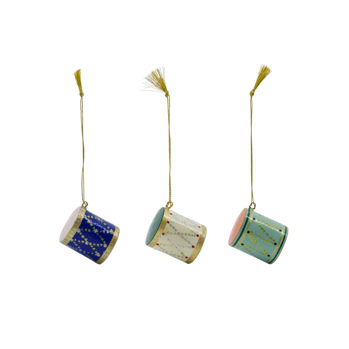 House Doctor - Drum Ornamenten, Ø 3,5 cm, blauw / groen / beige (set van 3)