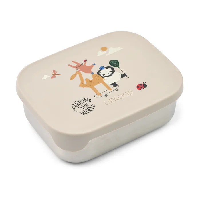 LIEWOOD - Arthur lunchbox met deksel, roestvrij staal, Rond de wereld, zandkleurig