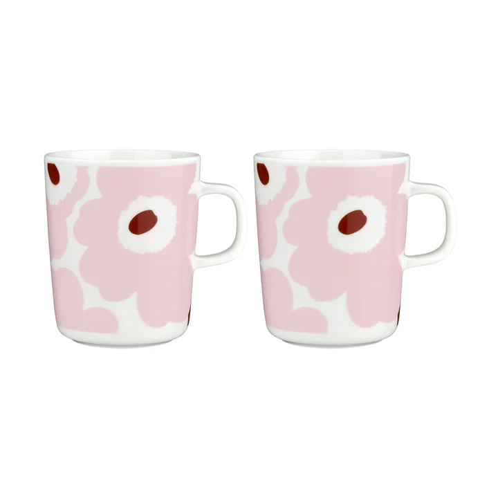 Marimekko - Oiva Juhla Unikko mok met handvat, 250 ml, wit / roze / kastanje (set van 2)
