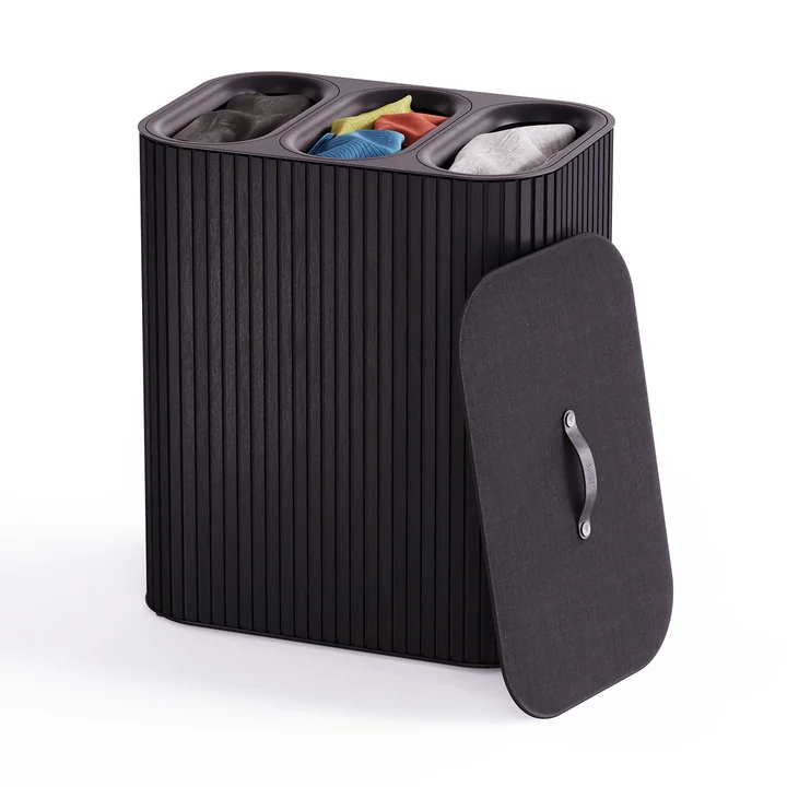 Joseph Joseph - Tota Trio Luxe wasmand met drie compartimenten 90 l, bamboe zwart