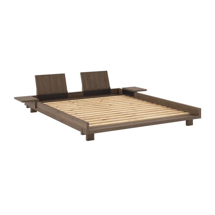 Karup - Sociaal bed incl. rugleuning en 2 nachtkastjes, 160 x 200 cm, bruin grenen