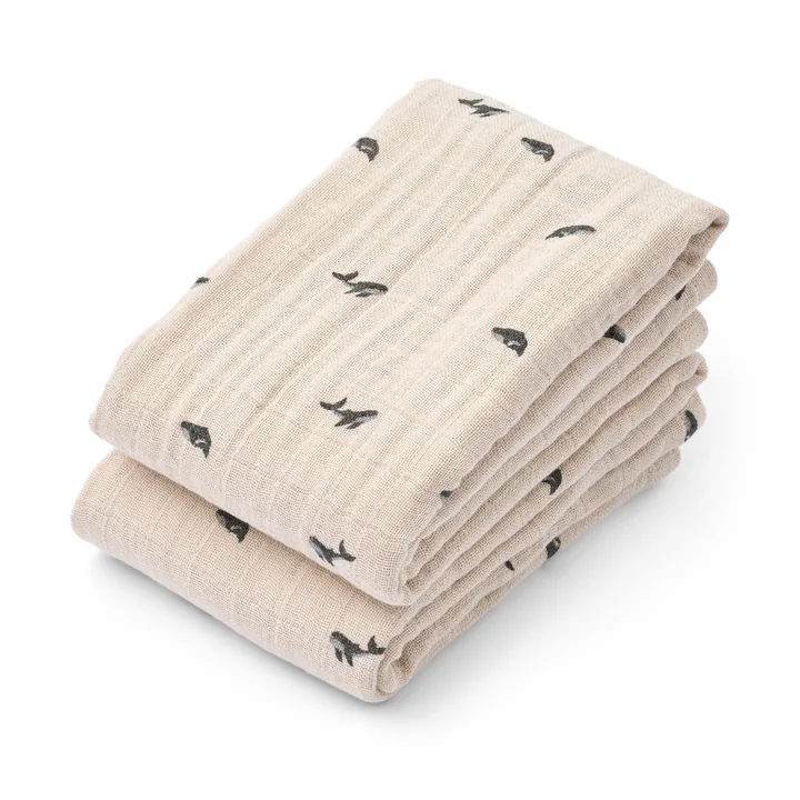 LIEWOOD - Lewis mousseline doeken van biologisch katoen, mini walvis, zandkleurig (set van 2)