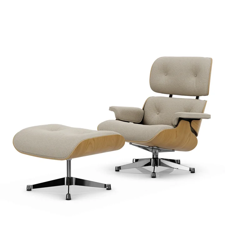 Vitra - Lounge Chair & Ottomaan, gepolijst, kastanje natuur, Nubia, crème/parel