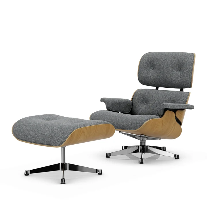 Vitra - Lounge Chair & Ottomaan, gepolijst, kastanje natuur, Nubia, ivoor/donkerblauw