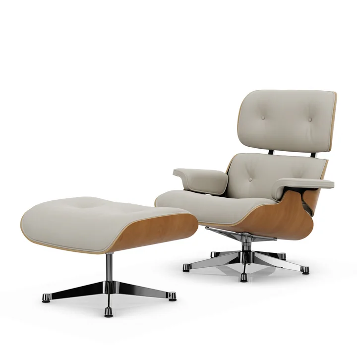 Vitra - Lounge Chair & Ottoman, gepolijst, kersen natuur, Premium F leder, sneeuw