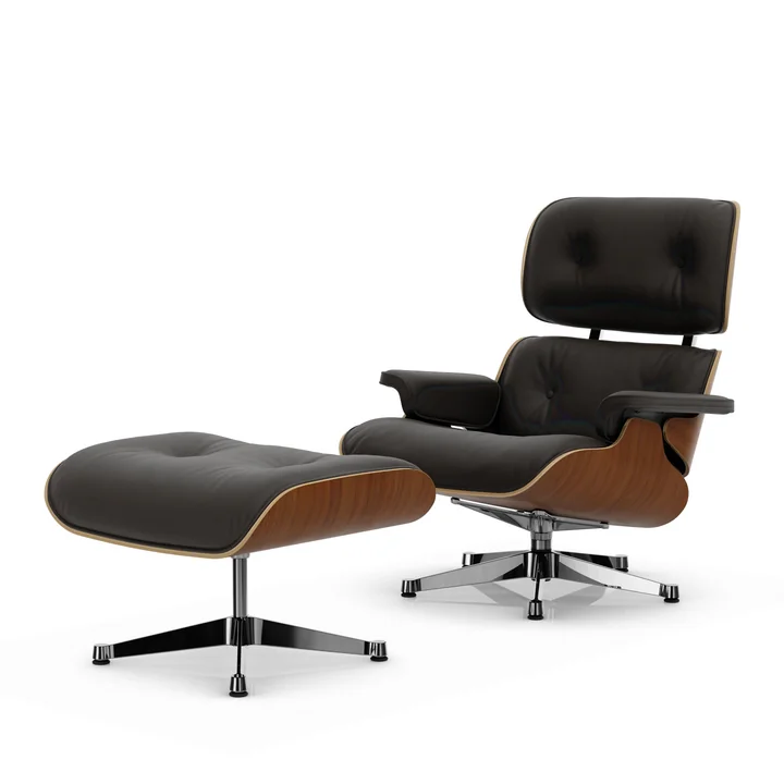 Vitra - Lounge Chair & Ottoman, gepolijst, walnoot natuur, Premium F leder, chocolade