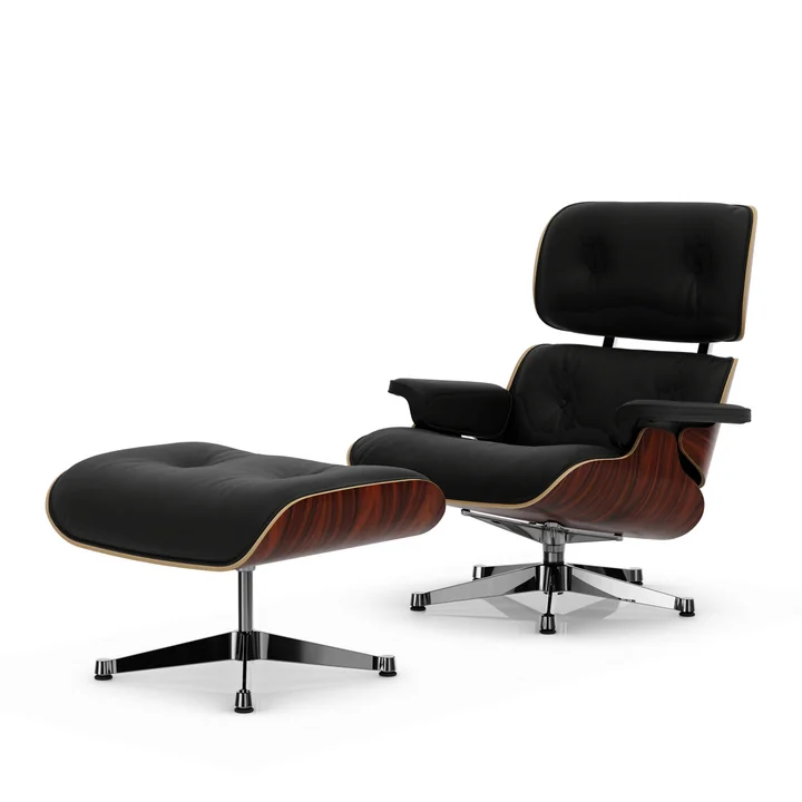 Vitra - Lounge Chair & Poef, gepolijst, Santos palissander, leder Premium F nero