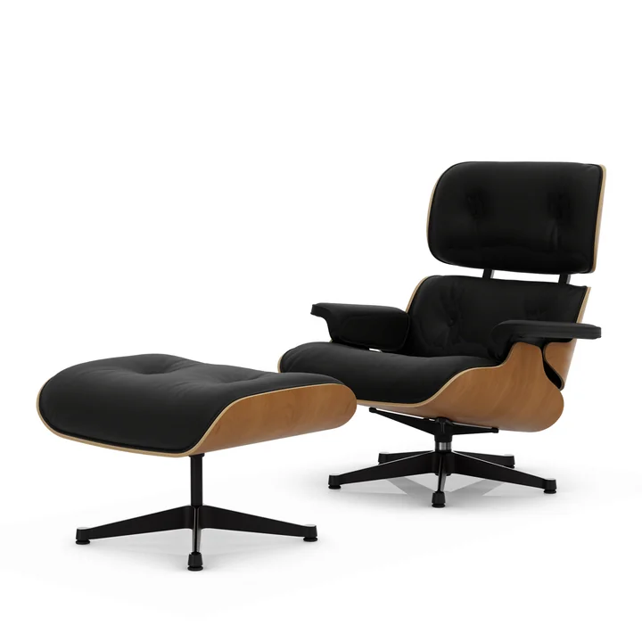 Vitra - Lounge Chair & Ottoman, zwart / gepolijst, natuurlijk kersen, Premium F leder, nero