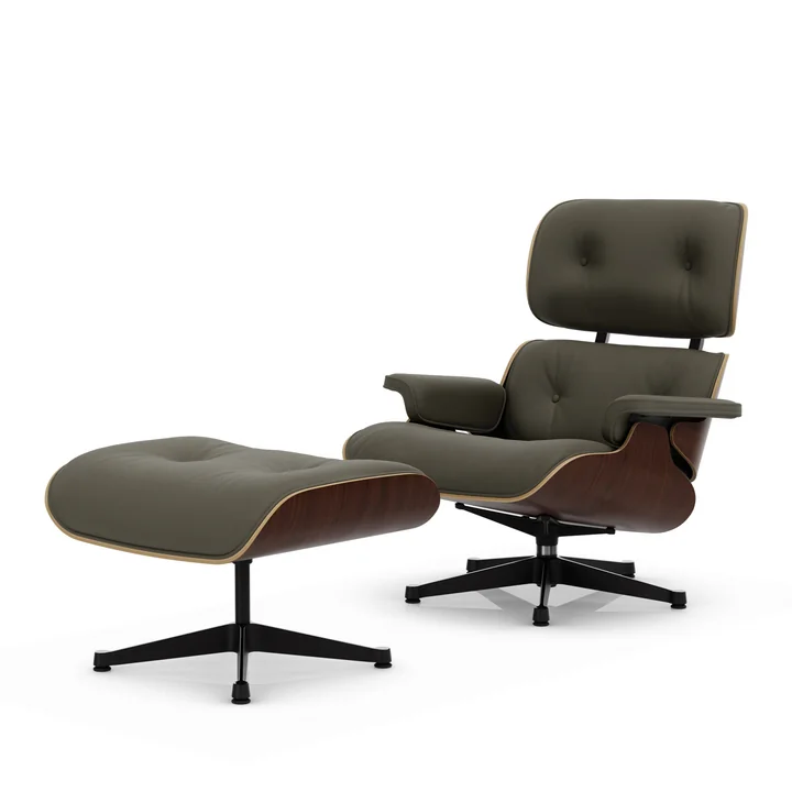 Vitra - Lounge Chair & Ottoman, zwart / gepolijst, donker walnoot, Premium F leder, kaki