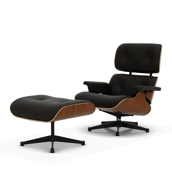 Vitra - Lounge Chair & Ottoman, zwart / gepolijst, walnoot natuur, Premium F leder, nero