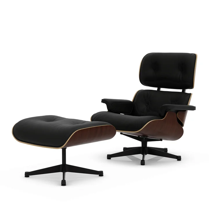 Vitra - Lounge Chair & Ottoman, zwart, donker walnoot, Premium F leder, nero