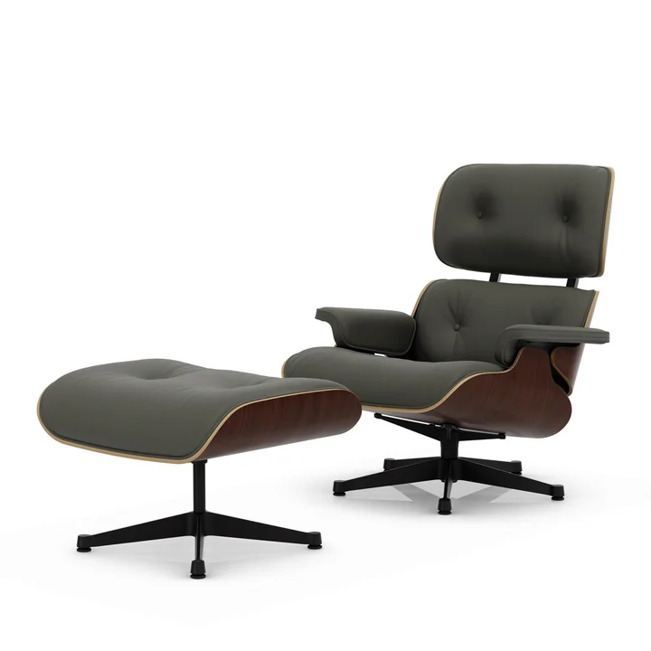 Vitra - Lounge Chair & Ottoman, zwart, donker walnoot, Premium F leder, umbra grijs