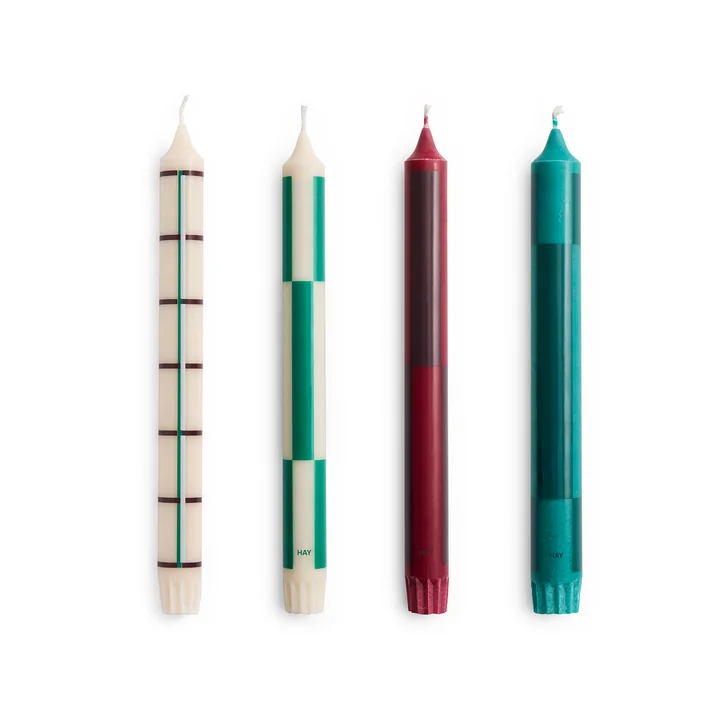 HAY - Patroon pilaarkaarsen, H 24 cm, groen / bordeaux (set van 4)