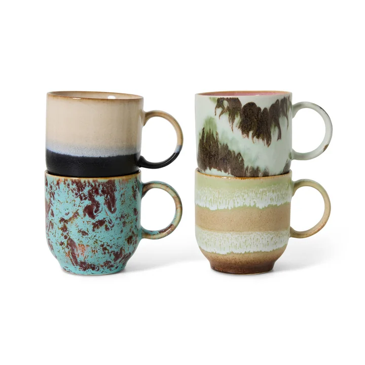 HKliving - 70's koffiemok, 250 ml, abstract (set van 4)
