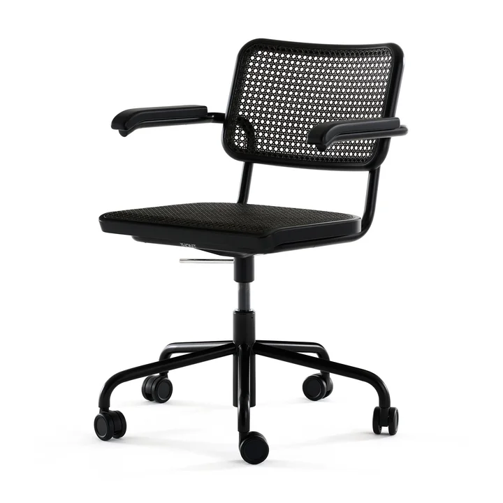 Thonet - S 64 VDR-draaistoel, chroom / zwart gebeitst beuken (TP 29) / vlechtwerk met donker gemêleerde kunststof bekleding