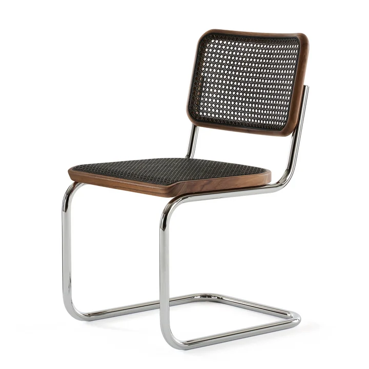 Thonet - S 32 V stoel, chroom / walnoot / vlechtwerk met donker gemêleerde kunststof steunstof