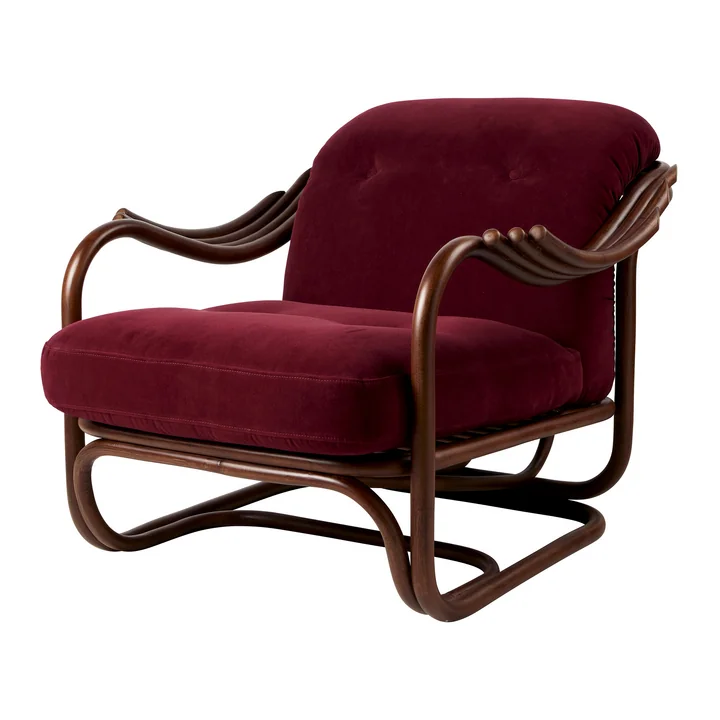 Gubi - Poltrona Tria lounge fauteuil, donker rotan / Fustagno (006) (kunststof glijders)