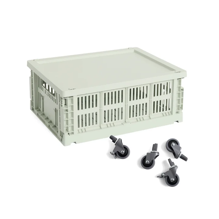 HAY - Kleur Kratmand M met deksel en wielen, mint, gerecycled