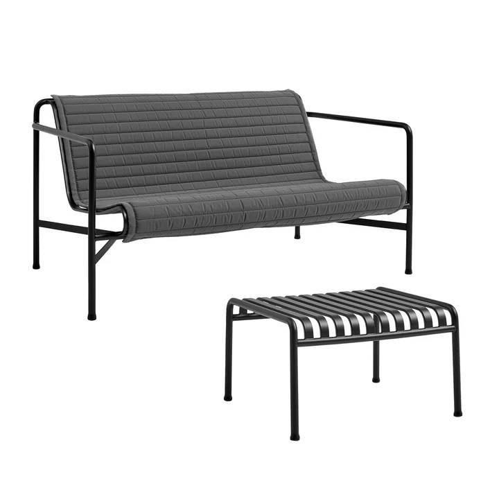HAY - Palissade loungebank met gewatteerd kussen + voetenbank, antraciet