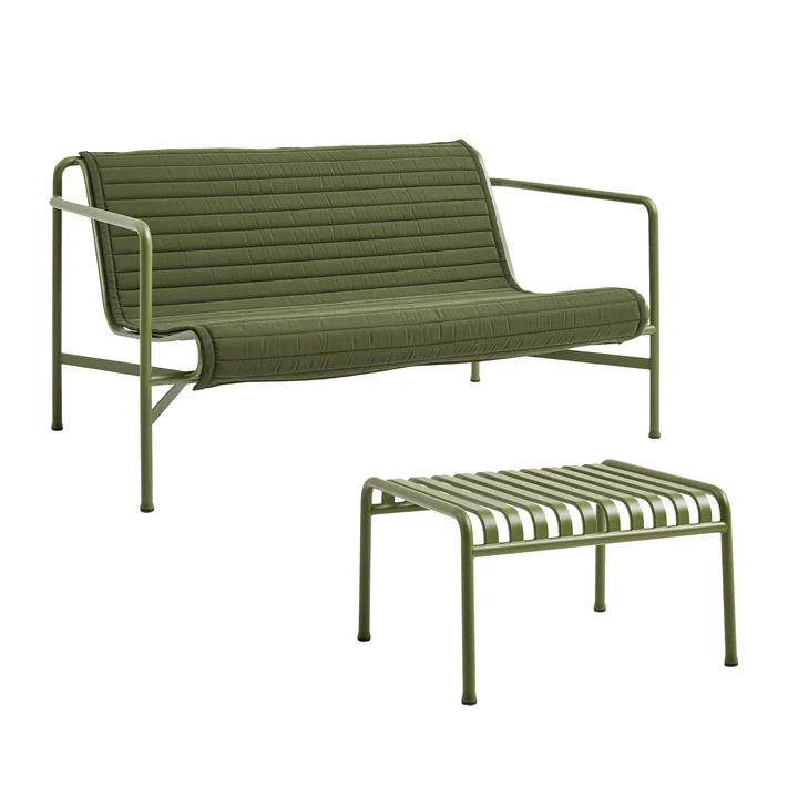 HAY - Palissade loungebank met gewatteerd kussen + voetenbank, olijfgroen