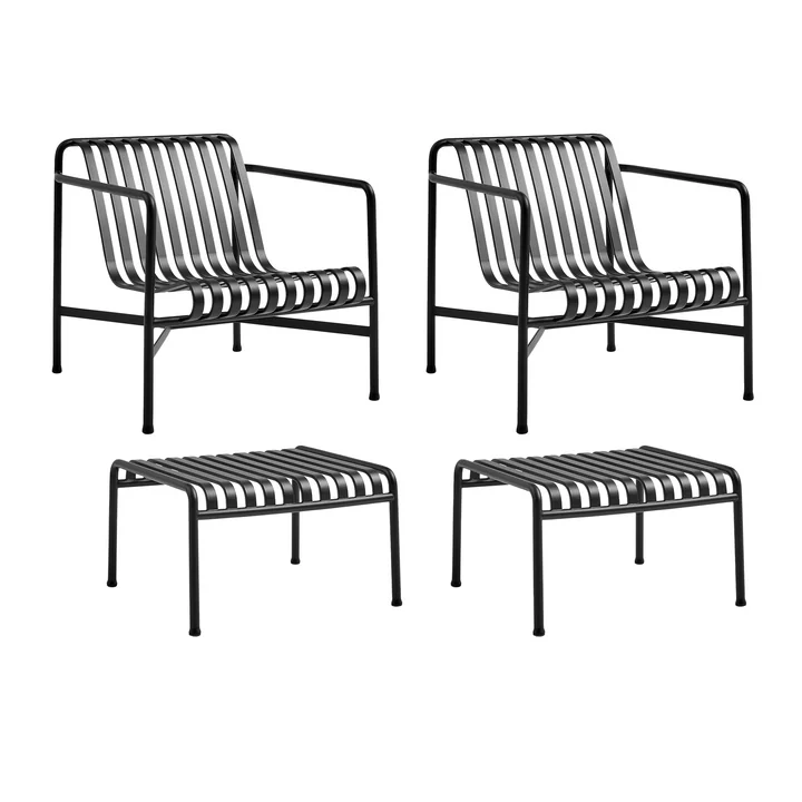 HAY - Palissade 2x Loungestoel Laag + 2x Ottoman, antraciet