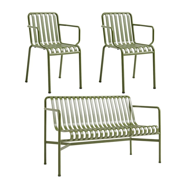 HAY - Palissade Dining Bench + 2x fauteuil, olijf