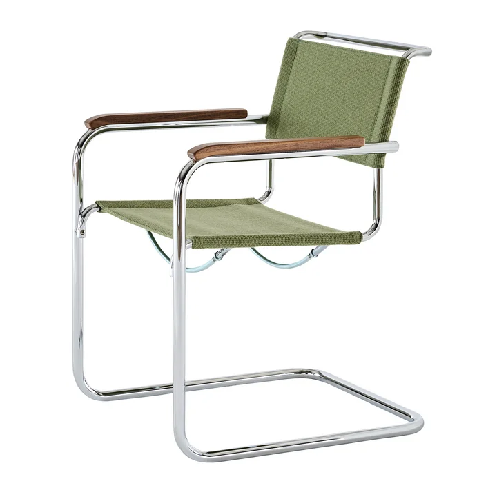 Thonet - S 34 V Fauteuil, chroom / resedagroen (stof Gabriel Nobel) / armleuning geolied notenhout