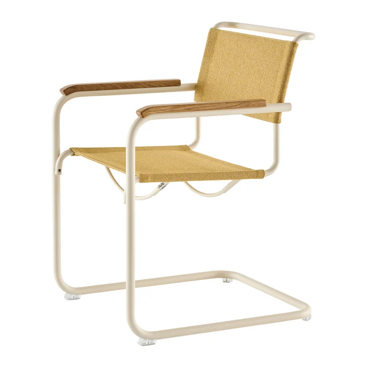 Thonet - S 34 V Fauteuil, parelwit / maïs (stof Rohi Cento) / armleuningen geolied eiken