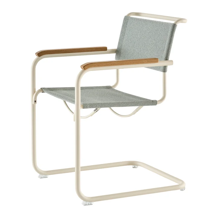 Thonet - S 34 V Fauteuil, parelwit / ray (Rohi Cento stof) / geoliede eiken armleuning